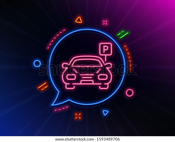 Car parking line\
icon. Neon laser lights. Auto park sign. Transport place symbol.\
Glow laser speech bubble. Neon lights chat bubble. Banner badge\
with parking icon. Vector