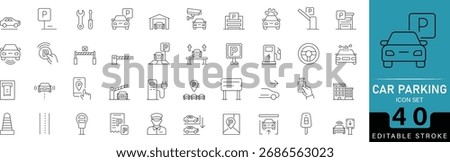 Car Parking Line Icon Set. Includes editable icons of parking areas, cars, garages, signs, and spaces. Perfect for transport, city planning, and navigation design