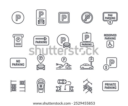 Car parking line icons set. Simple symbols with private parking, cars in parking lot, road signs and tow truck. Editable stroke. Outline vector illustration collection isolated on white background