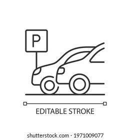 Car parking linear icon. Place where hotel guests can leave vehicles for night. Thin line customizable illustration. Contour symbol. Vector isolated outline drawing. Editable stroke