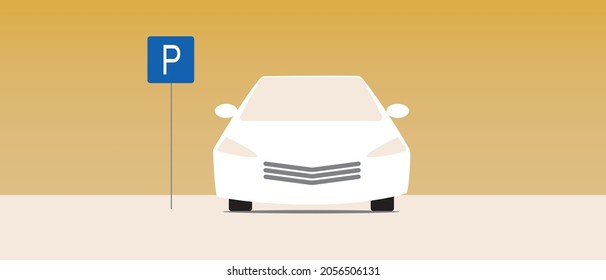Car in the parking lot. Flat vector stock illustration. Traffic Laws. Parking road sign. A single car is parked. Illustration for design