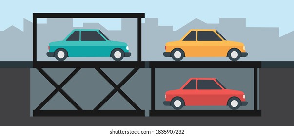 Aparcamiento, una moderna solución para aparcar en el subterráneo que duplica su plaza de aparcamiento, un moderno garaje cerrado. Aparcamiento económico cerca de la ilustración del vector de la casa