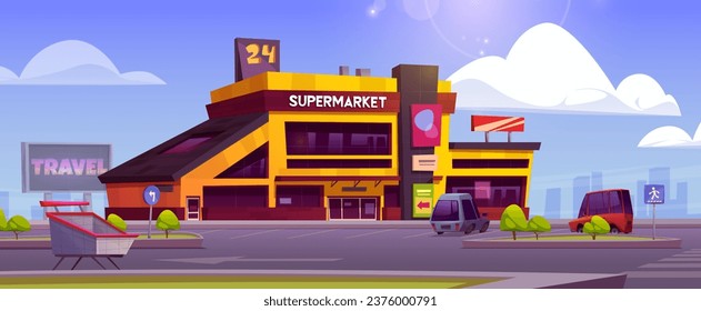 Aparcamiento cerca del edificio del supermercado del centro comercial de fondo vectorial. Tienda exterior en la calle con mucho para el vehículo. Hipermercado urbano al por menor fuera del diseño de la ilustración. Escenario comercial