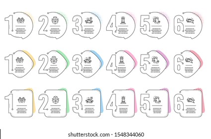 Car parking, Packing boxes and Hold box line icons set. Infographic timeline. Flight destination, Search car and Lighthouse signs. Transport place, Delivery package, Delivery parcel. Vector