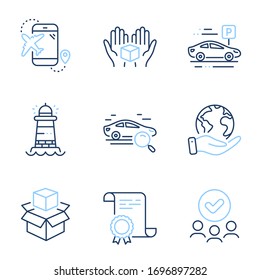 Car parking, Packing boxes and Hold box line icons set. Diploma certificate, save planet, group of people. Flight destination, Search car and Lighthouse signs. Vector