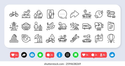 Car parking, Packing things and Rise price line icons pack. Social media: share, comment, like icons. Lighthouse, Charging time, Roller coaster web icon. Vector