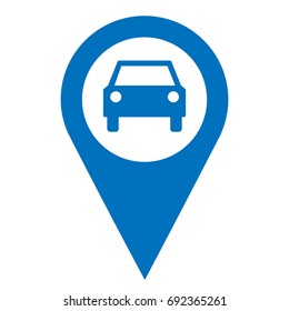 Car parking pinpoint blue and white isolated icon. Car parking map point sign, vector illustration.