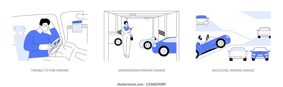 Car parking place abstract concept vector illustration set. Trouble to find parking lot, paid underground and multilevel garage building, personal transport, city traffic abstract metaphor.