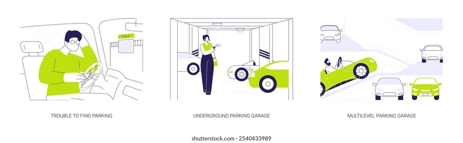 Conjunto de Ilustración vectorial de concepto abstracto de lugar de estacionamiento de automóviles. Dificultad para encontrar estacionamiento, edificio de garaje subterráneo y multinivel pagado, transporte personal, metáfora abstracta del tráfico de la ciudad.