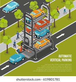 Car parking poster or flyer with automatic vertical parking located in the city vector illustration