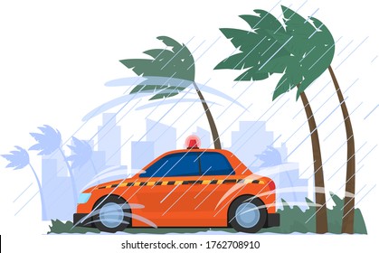 Car Parking Rain Storm, Hurricane Wind Tropical Country Isolated On White, Cartoon Vector Illustration. Vehicle Transport Consequences Natural Disaster, Breeze Gust Urban City Background.