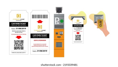 Car parking receipt template. Paper receipt from ticket machine slot. Swipe IC and RFID card over the card reader. Video surveillance. License plate recognition. Vector.