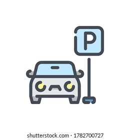 Car with Parking Road Sign color line icon. Vehicle with Street Sign vector outline colorful sign.