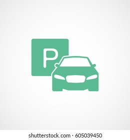 Car And Parking Lot Road Sign Green Flat Icon On White Background