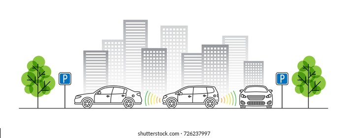 Car parking sensor vector illustration. Autonomous car technology line art concept. Smart parking assist system graphic design. Intelligent sensors scan free space to park transport vehicle.