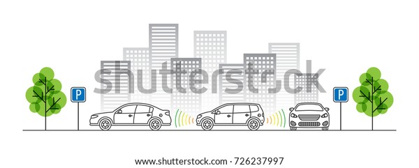 Car parking sensor vector illustration.\
Autonomous car technology line art concept. Smart parking assist\
system graphic design. Intelligent sensors scan free space to park\
transport vehicle.