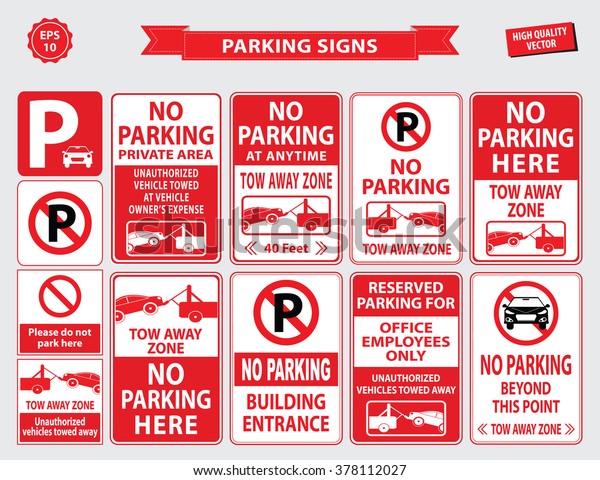 Car Parking Sign (car\
parking area, no parking in front of the building, office employee\
only, unauthorized vehicles towed away, building entrance). eps 10\
vector