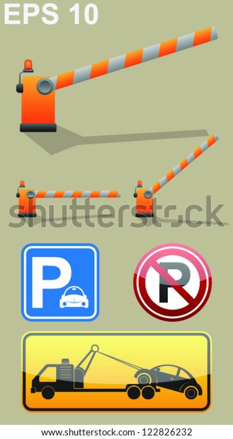Car parking sign, barrier symbol,\
roadside assistance car towing truck icon. Vector\
set