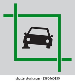 Car parking sign. Black icon inside green crop tool at light gray background