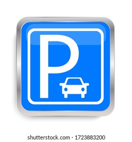 Car parking sign in blue in a steel frame on a white background. Vector illustration. Stock Photo.