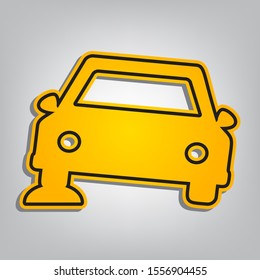 Car parking sign. Flat orange icon with overlapping linear black icon with gray shadow at whitish background. Illustration.