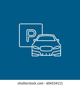 Car And Parking Lot Sign Line Icon On Blue Background