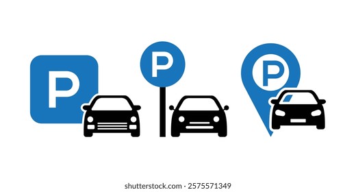 Car parking sign set. Flat style vector icon. Public parking space, location symbol. Information pictogram isolated on white background.
