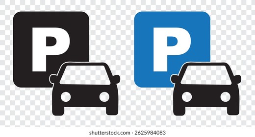 Car parking sign set. Flat style vector icon. Public parking space, location symbol. Information pictogram isolated on white background