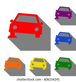 Car parking sign. Set of red, orange, yellow, green, blue and violet icons at white background with flat shadow.