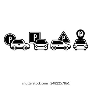 car parking sign symbol icon vector design black white color simple modern flat illustration collection set