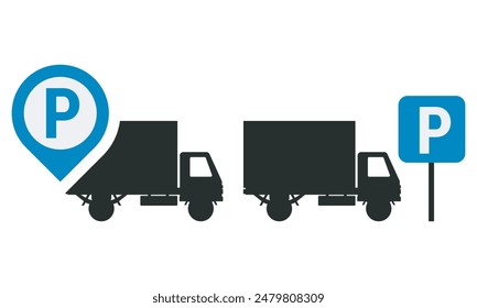 Car parking sign. Truck parking icon set. Truck silhouette with blue parking sign