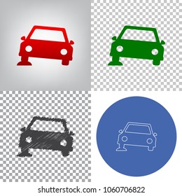 Car parking sign. Vector. 4 styles. Red gradient in radial lighted background, green flat and gray scribble icons on transparent and linear one in blue circle.