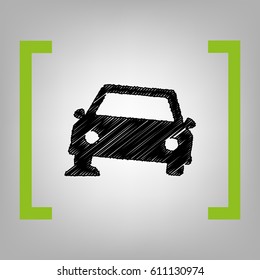 Car parking sign. Vector. Black scribble icon in citron brackets on grayish background.