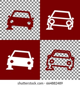 Car parking sign. Vector. Bordo and white icons and line icons on chess board with transparent background.