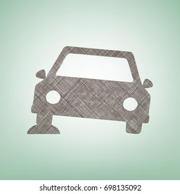 Car parking sign. Vector. Brown flax icon on green background with light spot at the center.