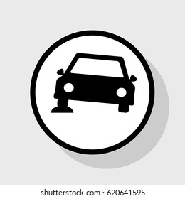 Car parking sign. Vector. Flat black icon in white circle with shadow at gray background.