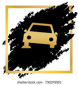Car parking sign. Vector. Golden icon at black spot inside golden frame on white background.
