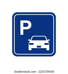 Car parking sign vector illustration. White letter and icon on a blue square background.