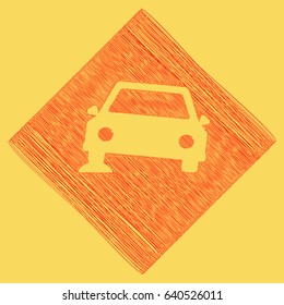 Car parking sign. Vector. Red scribble icon obtained as a result of subtraction rhomb and path. Royal yellow background.