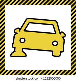 Car parking sign. Vector. Warm yellow icon with black contour in frame named as under construction at white background. Isolated.