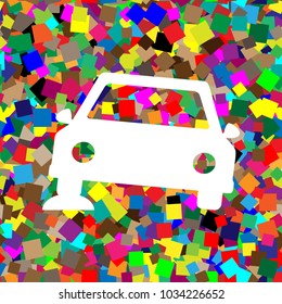 Car parking sign. Vector. White icon on colorful background with seamless pattern from squares.