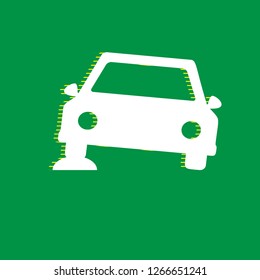 Car parking sign. Vector. White flat icon with yellow striped shadow at green background.