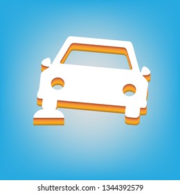 Car parking sign. Vector. White icon with 3d warm-colored gradient body at sky blue background.