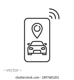 car parking smart app icon, gps application, map park location in phone valet, thin line symbol on white background