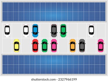 Car Parking with Solar Roof and Electric Car in Top View. Solar panels Installed over Car Parking. Vector Illustration.