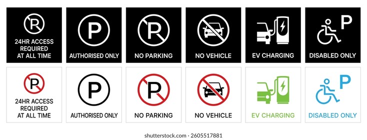 car parking symbols. vehicle parking related icon set. public parking sign vector. No access sign.