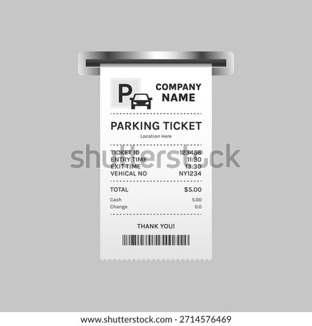 Car Parking Ticket Paper Receipt at Pay Machine Exit Terminal Before Barrier, Invoice for Parking Zone, Vector Illustration