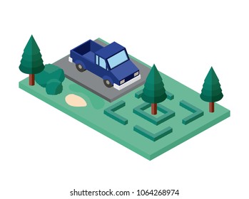car parking and trees scene isometric icon