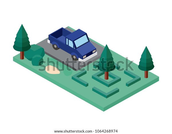 car parking and\
trees scene isometric icon
