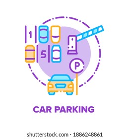 Car Parking Vector Icon Concept. Car Parking Barrier And Road Sign For Park Automobile, Underground Garage And Street Park With Free Places And Parked Transports Color Illustration